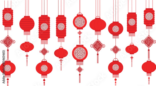 Chinese red lanterns, traditional decor, Lunar New Year celebration, cultural symbols, festive hanging lights, prosperity, good fortune, tassels, knots, symmetry