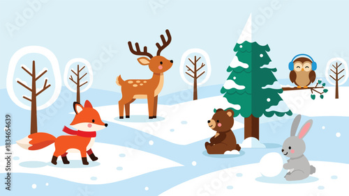 Flat cute kids vector winter woodland scene with fox in scarf, deer, bear cub, rabbit, and owl in snow. Ideal for seasonal kids illustrations and educational content