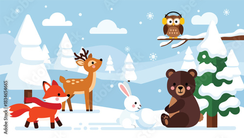 Flat cute kids vector winter woodland scene with fox in scarf, deer, bear cub, rabbit, and owl in snow. Ideal for seasonal kids illustrations and educational content
