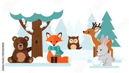 Flat cute kids vector winter woodland scene with fox in scarf, deer, bear cub, rabbit, and owl in snow. Ideal for seasonal kids illustrations and educational content