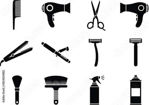 Professional barber and hairstyling tools black silhouette icons set including scissors, comb, razor, hairdryer, spray, and beauty accessories vector illustration