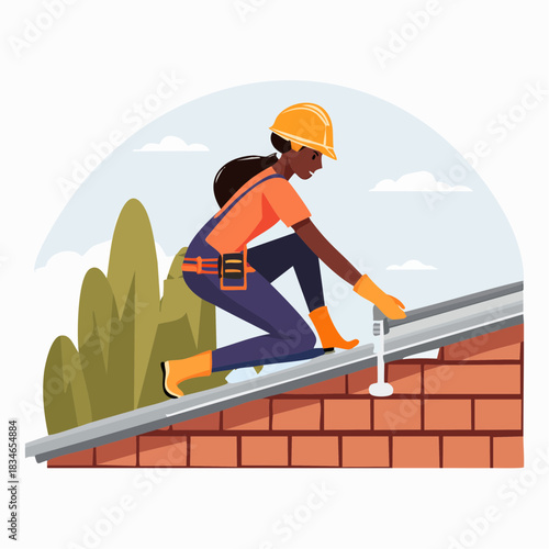 An illustration depicts a skilled female construction worker, securing a roof component, wearing safety gear, and focused on her task.