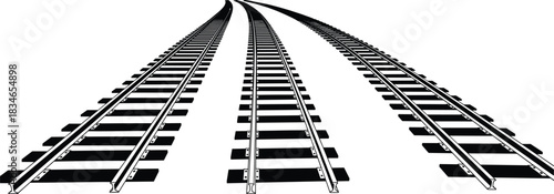 Ponzo illusion railway track vector showing depth perspective, visual perception trick, parallel lines convergence, optical illusion design concept