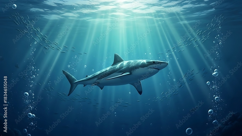 Fototapeta premium Underwater Encounter A Majestic Shark Glides Through the Deep Ocean Depths