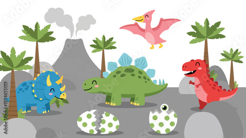 Flat style cute kids vector with friendly dinosaurs like T-Rex, stegosaurus, triceratops, and baby pterodactyl in volcano valley. Ideal for preschool and themed kids content