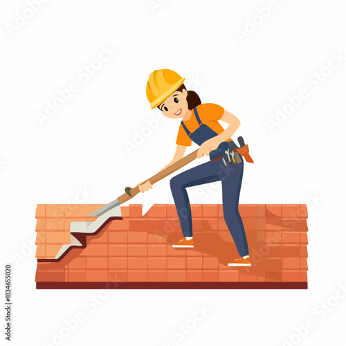 A cheerful female construction worker wearing a hard hat, working on a brick wall, demonstrating construction and building skills with a trowel.