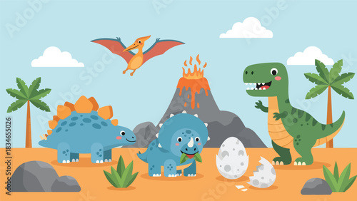 Flat style cute kids vector with friendly dinosaurs like T-Rex, stegosaurus, triceratops, and baby pterodactyl in volcano valley. Ideal for preschool and themed kids content
