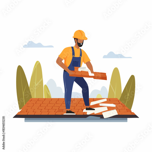 A construction worker meticulously installs roof tiles, ensuring a secure and durable roof for the house under a bright sky.