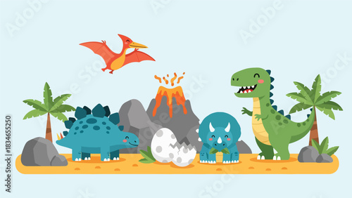 Flat style cute kids vector with friendly dinosaurs like T-Rex, stegosaurus, triceratops, and baby pterodactyl in volcano valley. Ideal for preschool and themed kids content