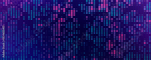 Purple abstract pixel texture bg video screen. Tv pattern background with square noise effect. Futuristic broadcast neon gradient banner for television. Modern vhs led static display element