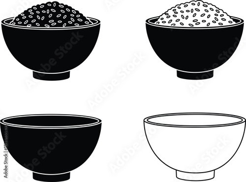 Rice bowl vector illustration, black and white kitchen design set showing full and empty bowls, minimalist flat food artwork for branding