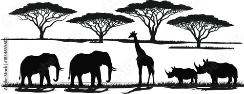 African savanna wildlife silhouette, elephants, giraffe, rhinoceros, acacia trees, nature scene, black and white, ecosystem, safari animals, landscape illustration