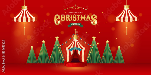 Christmas best show circus banner. Colorful vintage magic show, theatre, attractions, carnival poster. Creative design for events, festival, party, performance. Retro vector illustration