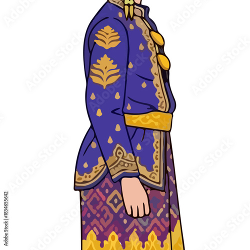 Traditional Indonesian Man Wearing Royal Blue Batik Attire with Intricate Gold Embroidery and Patterns