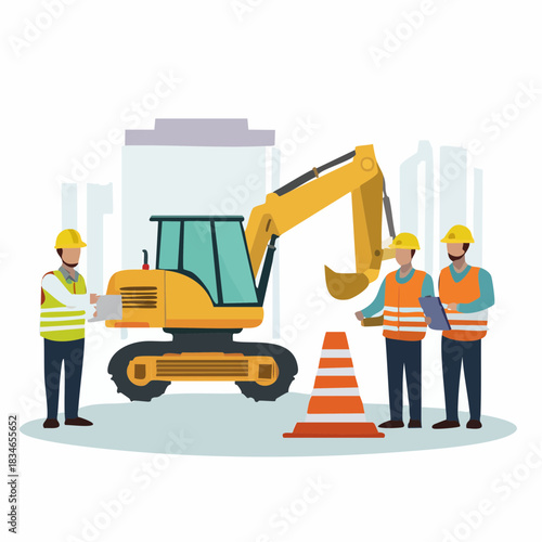 Construction workers in safety gear oversee an excavator and traffic cone, illustrating a building project with modern city structures in the background.