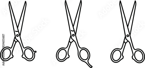Scissors black silhouette set isolated on white background, ergonomic handle designs for professional cutting, salon, grooming, tailoring, and styling tools