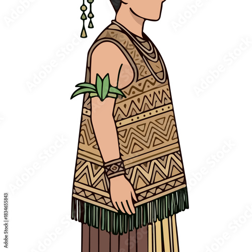 Traditional Indigenous Person Wearing Authentic Tribal Clothing and Ornate Accessories, Vector Illustration