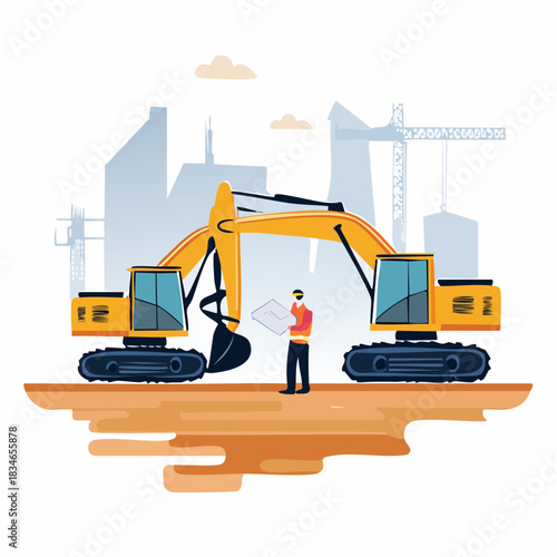 An illustration showcasing a construction worker reviewing blueprints between two yellow excavators with a cityscape in the background, a concept of urban development.