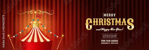 Retro Merry Christmas circus horizontal banner. Colorful vintage magic show, theatre, attractions, carnival poster. Creative design for events, festival, party, performance. Vector illustration