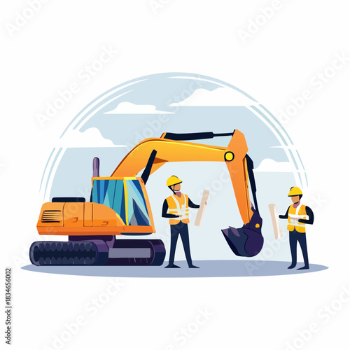 Illustration of construction workers with an excavator, planning and coordinating a building project, with a vibrant and detailed design.