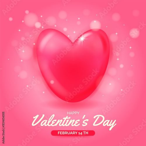 Happy Valentines Day card with shiny 3D heart, sparkles, soft bokeh background. Elegant pink love concept card design. Romantic vector illustration for greeting, sale and gift advertising