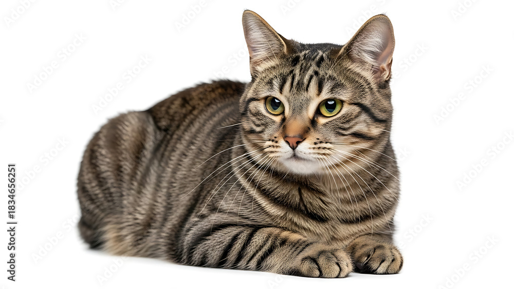 Obraz premium A Brown Tabby Cat with Green Eyes Resting Comfortably on a White Background