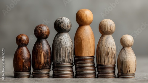 Wooden Figures on Coin Stacks Illustrating Wealth and Social Inequality