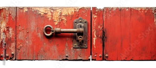 Close-up of an old, weathered red wooden door with a metal handle and lock.