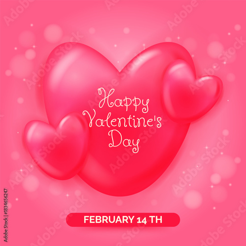 Happy Valentines Day background with glossy 3D heart composition, soft light bubbles. Romantic pink backdrop love celebration. Vector illustration for holiday cards, gifts