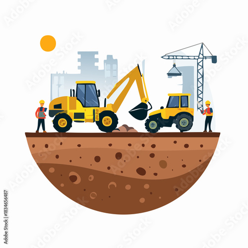 A vibrant illustration showcases construction equipment, including an excavator and a tractor, working on a building site with workers present.