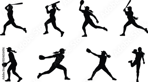 Softball player silhouette set showing dynamic action poses for pitching, batting, catching, and throwing in sports vector style