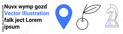 Navigation tools, agriculture, recreation, gaming, innovation, minimalism. Blue map pin, black outline cherry and chess knight. Navigation tools and agriculture concepts