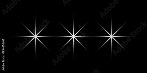 Abstract White Light Flare Glow Background for Modern Digital Design. Three glowing starbursts on black background sparkle. Graphic white bright light highlight. Transparent, overlay, bling, light, 
