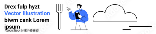 Business tasks, cloud computing, decision-making, farming, minimalism, digital concepts. A man holding a clipboard, a cloud and a pitchfork. Cloud computing and business tasks concept