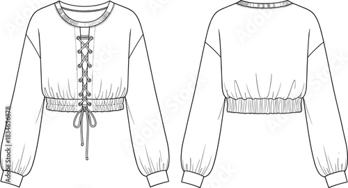 Technical fashion flat sketch vector illustration of a women's cropped sweatshirt with long balloon sleeves, elasticized hem, and decorative lace-up front detail, for apparel design template