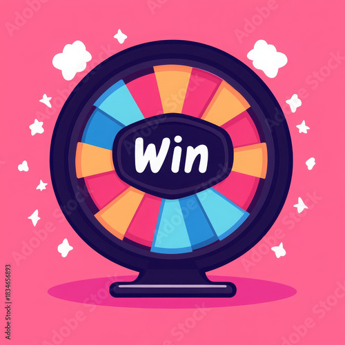Colorful wheel fortune game win luck spinning cheerful pink background