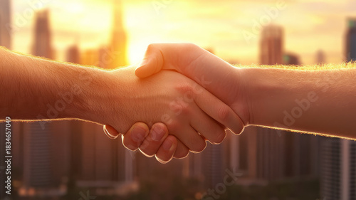 Handshake partnership agreement business city sunlight success teamwork