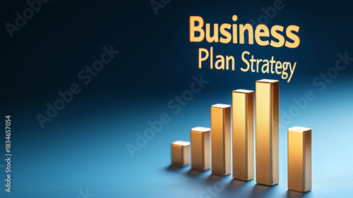 Business plan strategy bar chart gold growth success finance concept upward 3D blue background