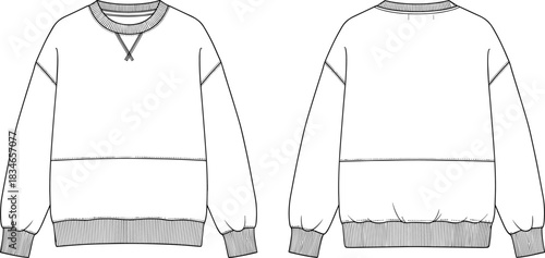 Technical Flat Drawing Vector Illustration of Women's Oversized Sweatshirt with Raglan Sleeves, V-Stitch Detail, Ribbed Cuffs and Hem, Cad Template for Athleisure Apparel Design.