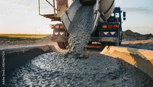 A concrete mixer truck pours wet cement into a construction form, creating a new roadbed during a sunny day at the construction site.