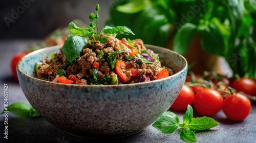 Close up of a bowl of minced meat with tomatoes and basil