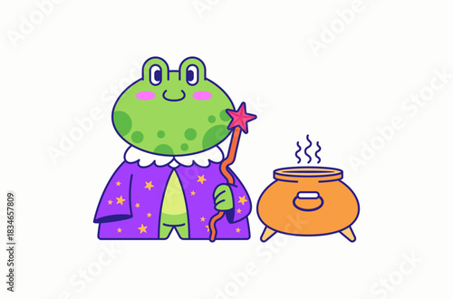 Wizard frog in a starry purple robe holds a magic wand beside a steaming cauldron. Colorful, playful vector cartoon illustration in hand drawn style for icon, mascot or sticker design