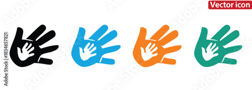 Colorful hand prints representing childhood support design,Charity icons set. Collection of hands, donations, hearts, unity and more. Vector illustration. Easily changes to any color.
