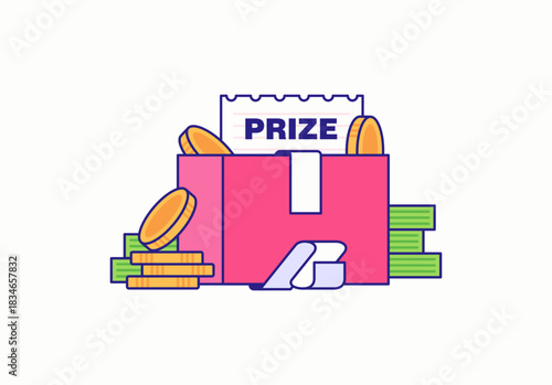 Pink prize box filled with coins, cash, and a winning ticket pops out in a bright, cheerful style for themes of rewards, bonuses, contests, and giveaways icon or sticker design