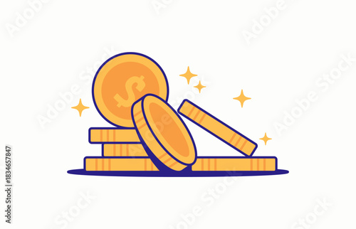 Bright stack of gold coins with a dollar symbol and glowing sparkles, shown in a clean cartoon vector style. Ideal for finance, savings, and investment themes icon or badges design