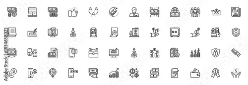 Financial icon set. Business and banking vector icon. Minimalist line symbols or bank, ATM, analysis, chrt, contract, payment and ore. Editable stroke illusration.
