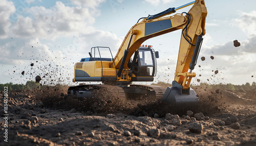 Wallpaper Mural A powerful yellow excavator diligently digs into the earth, kicking up soil against a bright blue sky, showcasing construction. Torontodigital.ca
