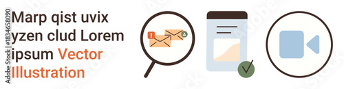 Online learning, digital messaging, content verification, virtual meetings, communication tools, data search. Icons of email, document checkmark video camera magnifying glass. Digital messaging