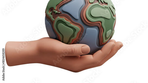 3D illustration of hand holding a stylized globe with raised continents, symbolizing global care and environmental protection, perfect for sustainability themes