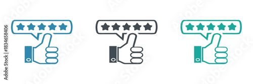 Customer gives a five star rating with a thumbs up icon,Customer review rating with 5 stars and thumb up feedback. Five star rating badge, review rating icon.=
